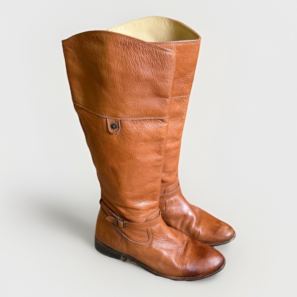 Frye Tall Riding Boots Cognac Pebbled Leather Side Zip Women's 9B